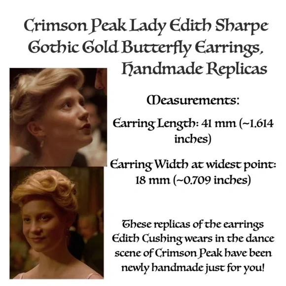 Crimson Peak Edith Cushing Gothic Gold Butterfly Pearl Earring Handmade Replicas - Picture 12 of 13